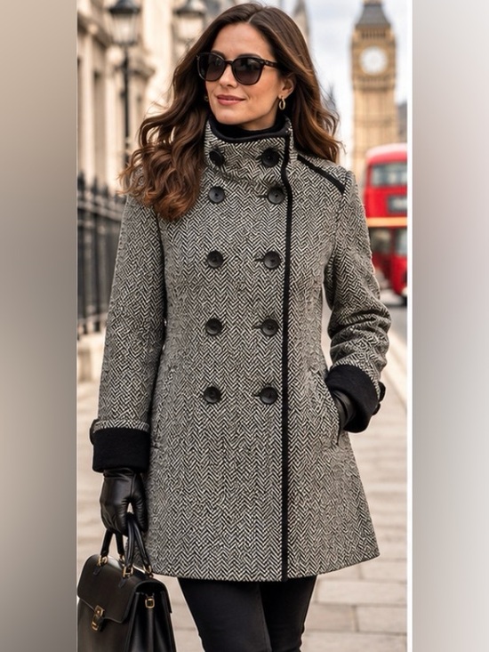 Cleo Petite Jackets & Blazers - 24” ptp Cleo Petite Wool Blend A-Line Coat – Size 14 Petite – Black & Ivory Herr